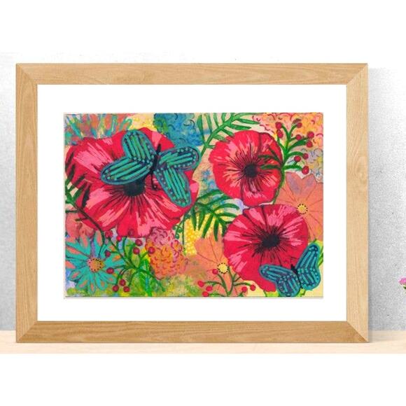 Original painting on paper - 7.5 x 5.25 in 19 x 13cm vibrant floral abstract - Picture 1 of 5